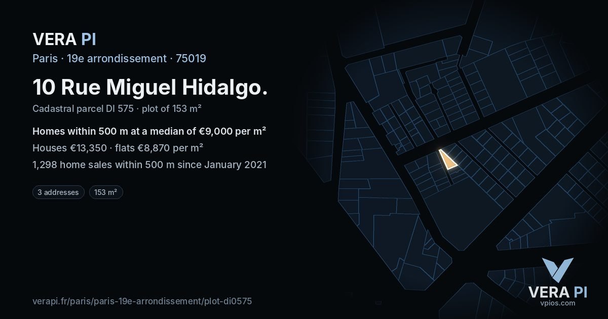 10 Rue Miguel Hidalgo, 19e arrondissement at night – the plot lit, the parcels around coloured by the prices near them