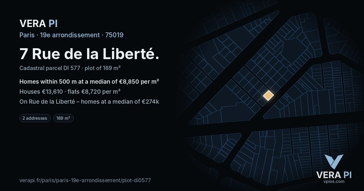 7 Rue de la Liberté, 19e arrondissement at night – the plot lit, the parcels around coloured by the prices near them