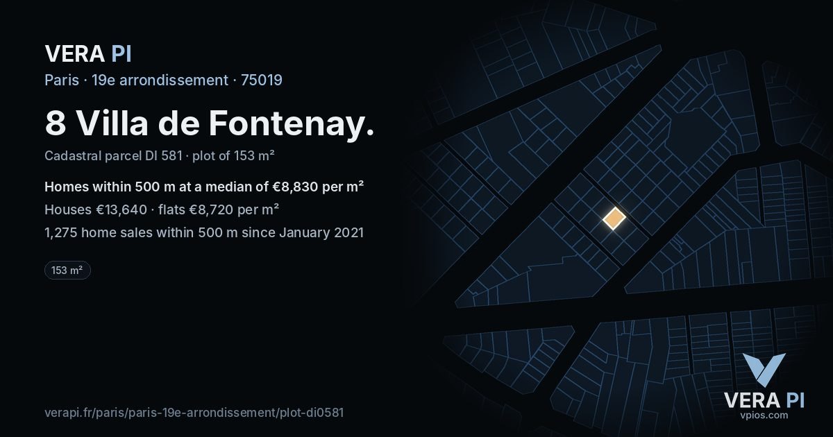 8 Villa de Fontenay, 19e arrondissement at night – the plot lit, the parcels around coloured by the prices near them
