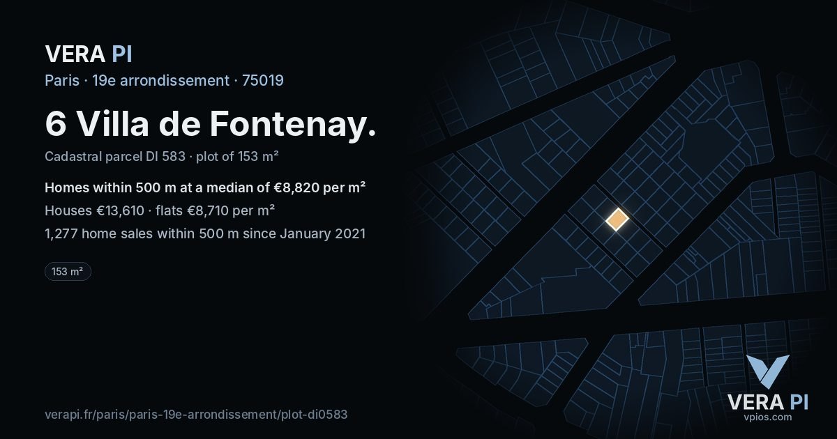 6 Villa de Fontenay, 19e arrondissement at night – the plot lit, the parcels around coloured by the prices near them