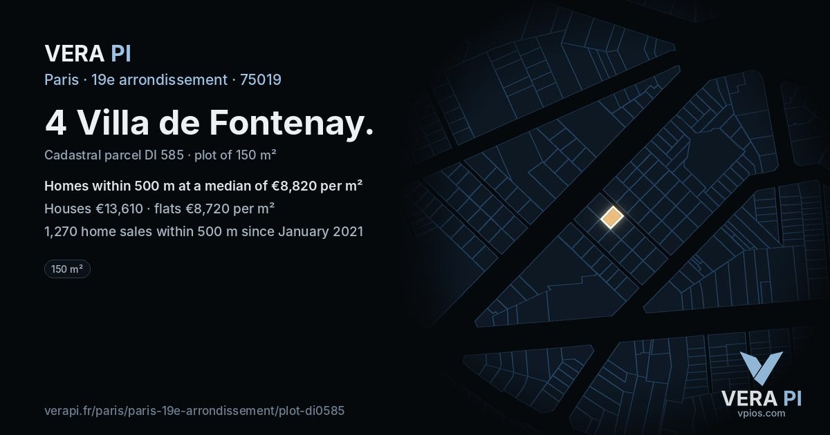 4 Villa de Fontenay, 19e arrondissement at night – the plot lit, the parcels around coloured by the prices near them