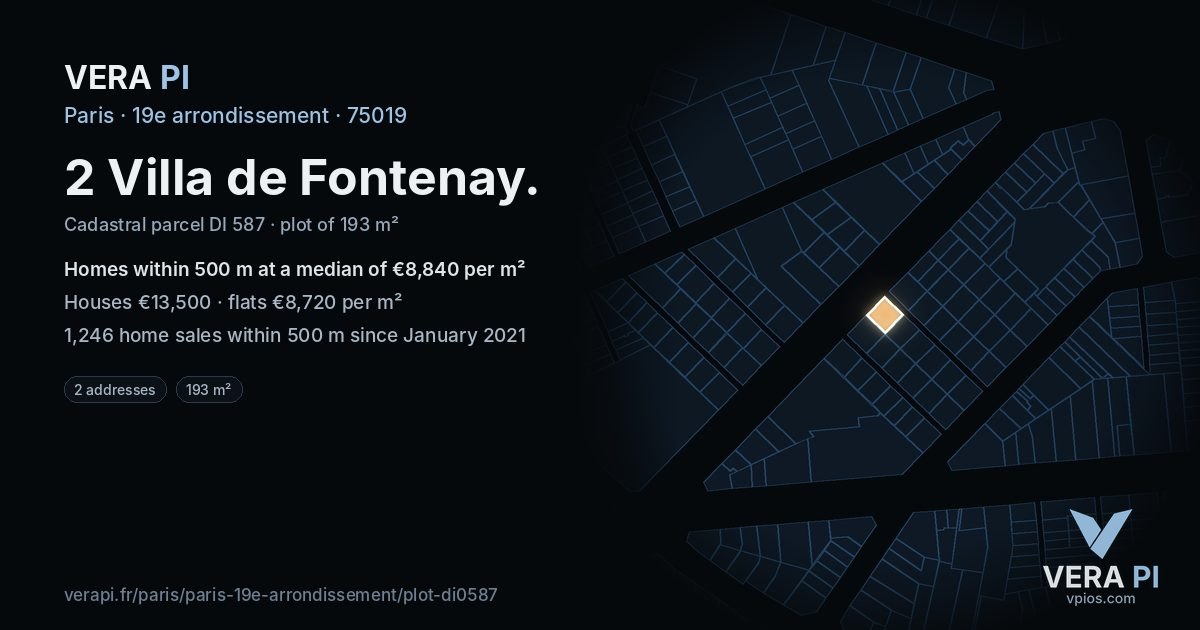 2 Villa de Fontenay, 19e arrondissement at night – the plot lit, the parcels around coloured by the prices near them