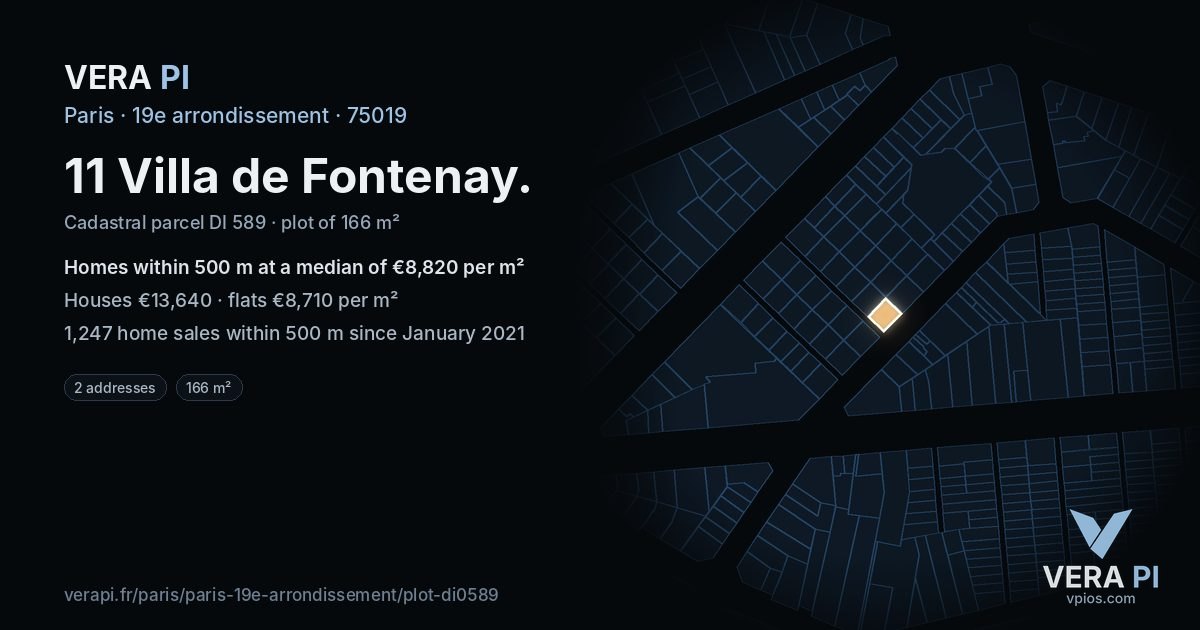 11 Villa de Fontenay, 19e arrondissement at night – the plot lit, the parcels around coloured by the prices near them
