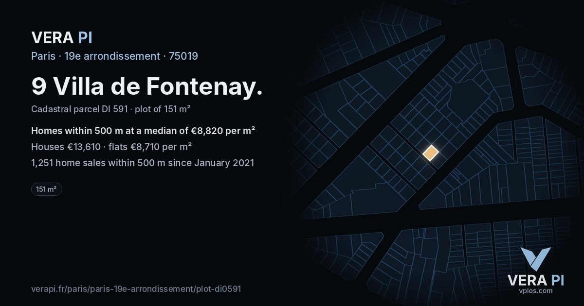 9 Villa de Fontenay, 19e arrondissement at night – the plot lit, the parcels around coloured by the prices near them