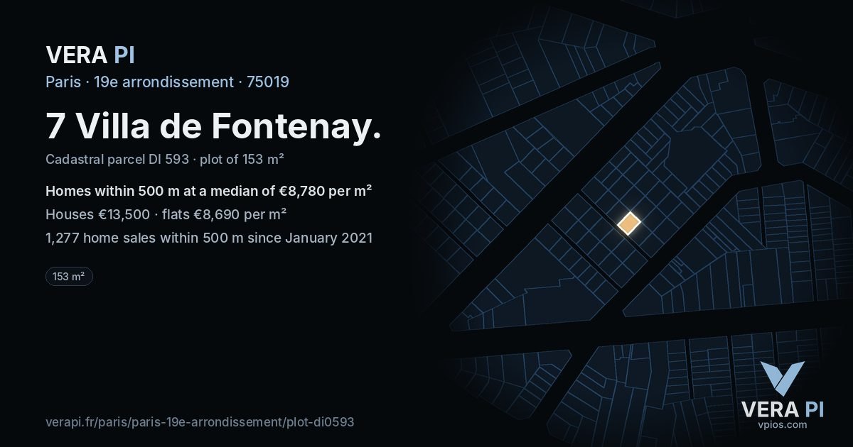7 Villa de Fontenay, 19e arrondissement at night – the plot lit, the parcels around coloured by the prices near them