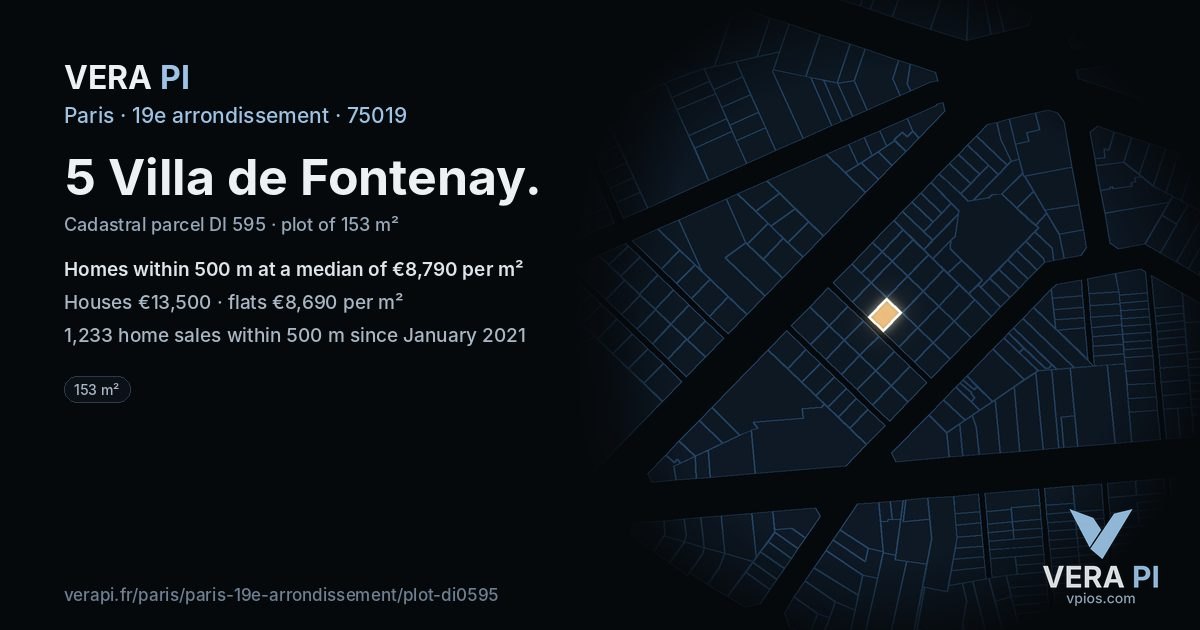 5 Villa de Fontenay, 19e arrondissement at night – the plot lit, the parcels around coloured by the prices near them