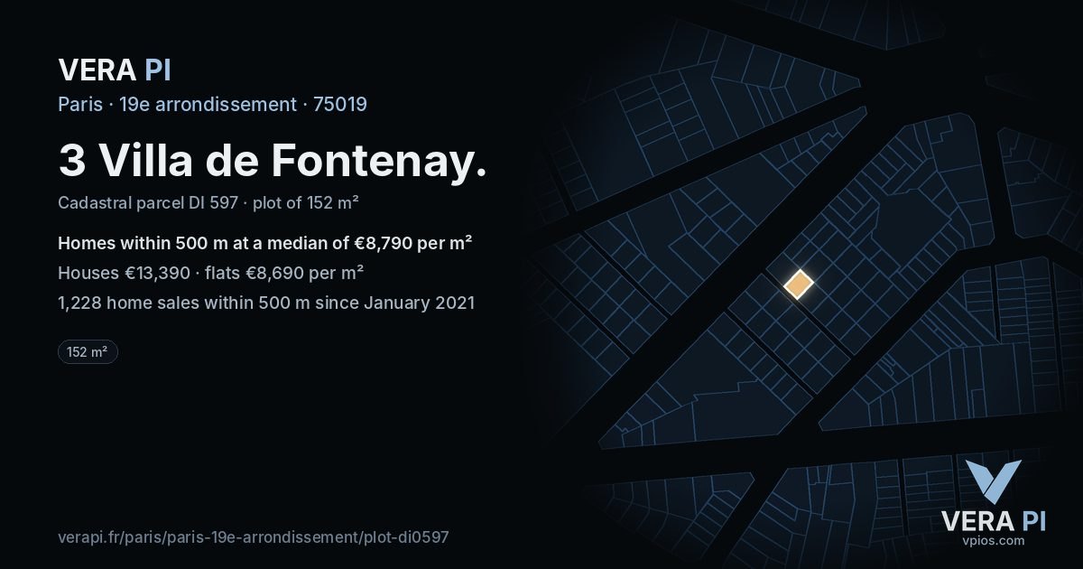 3 Villa de Fontenay, 19e arrondissement at night – the plot lit, the parcels around coloured by the prices near them