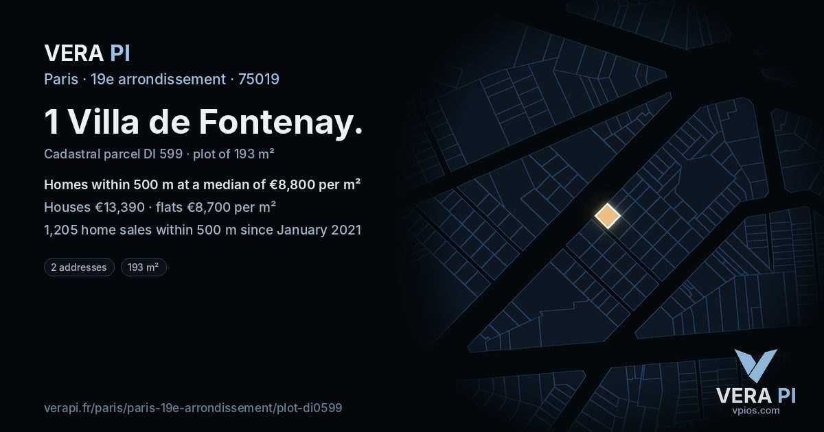 1 Villa de Fontenay, 19e arrondissement at night – the plot lit, the parcels around coloured by the prices near them