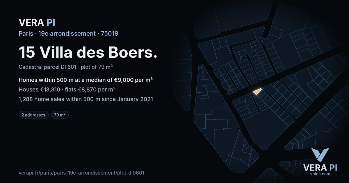 15 Villa des Boers, 19e arrondissement at night – the plot lit, the parcels around coloured by the prices near them