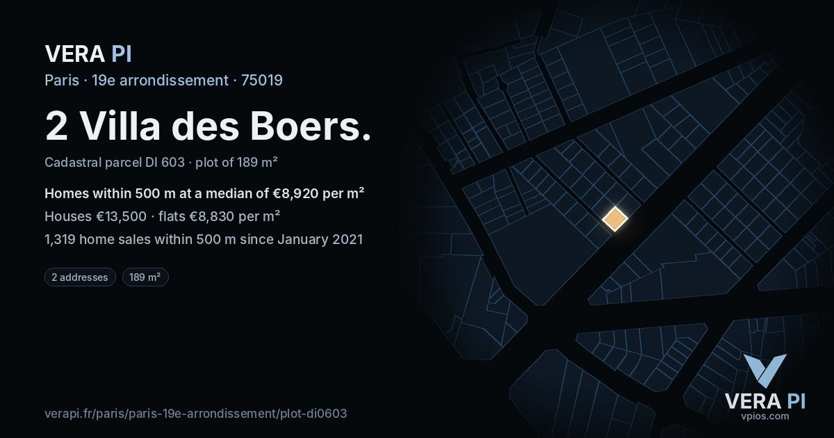 2 Villa des Boers, 19e arrondissement at night – the plot lit, the parcels around coloured by the prices near them