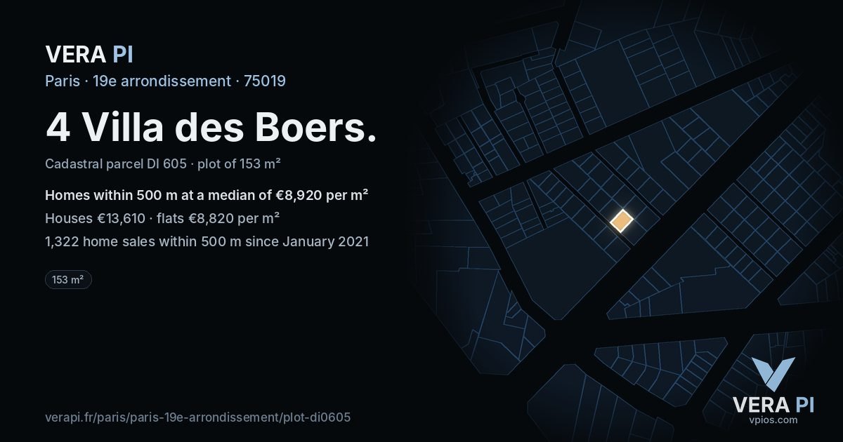 4 Villa des Boers, 19e arrondissement at night – the plot lit, the parcels around coloured by the prices near them