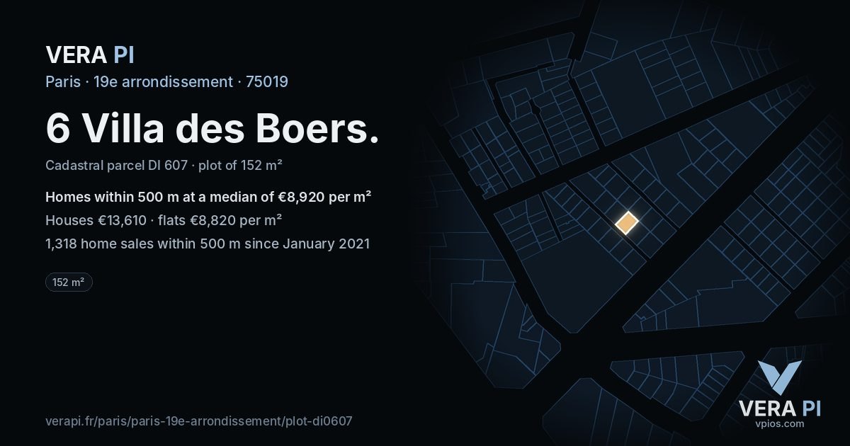 6 Villa des Boers, 19e arrondissement at night – the plot lit, the parcels around coloured by the prices near them