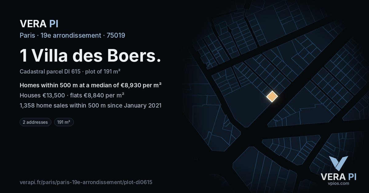 1 Villa des Boers, 19e arrondissement at night – the plot lit, the parcels around coloured by the prices near them