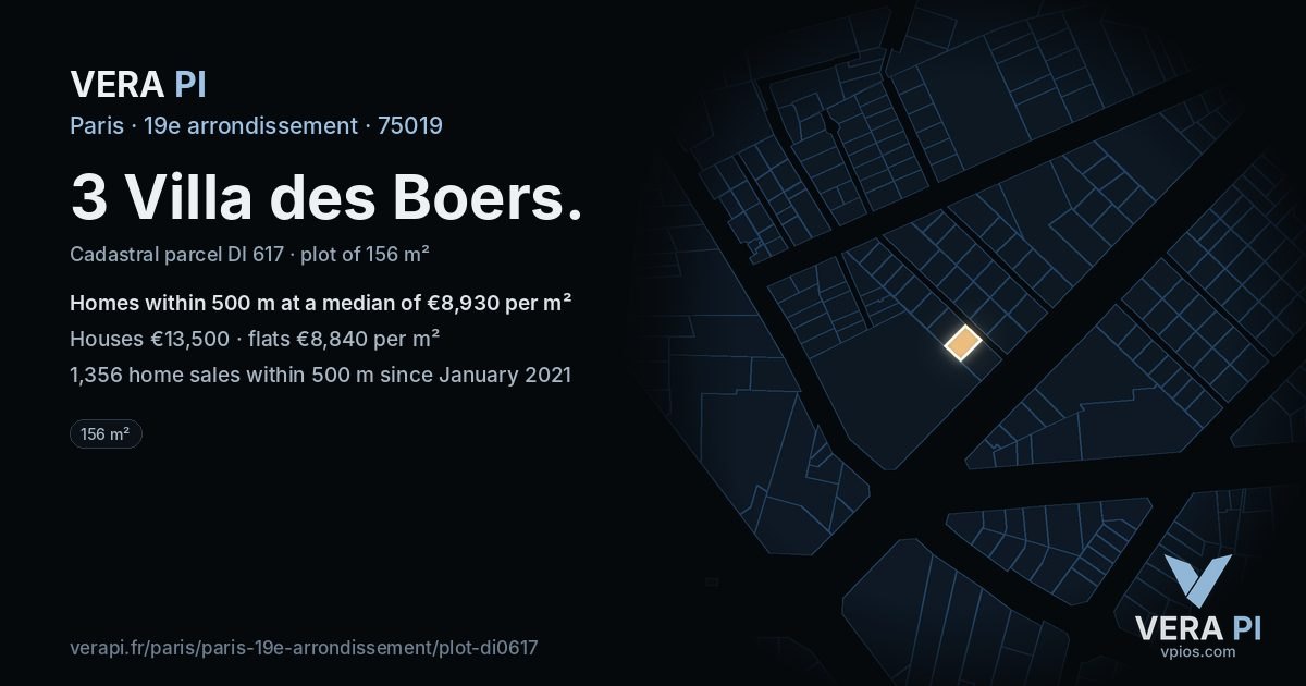 3 Villa des Boers, 19e arrondissement at night – the plot lit, the parcels around coloured by the prices near them