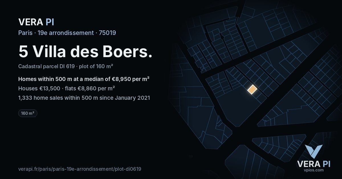 5 Villa des Boers, 19e arrondissement at night – the plot lit, the parcels around coloured by the prices near them