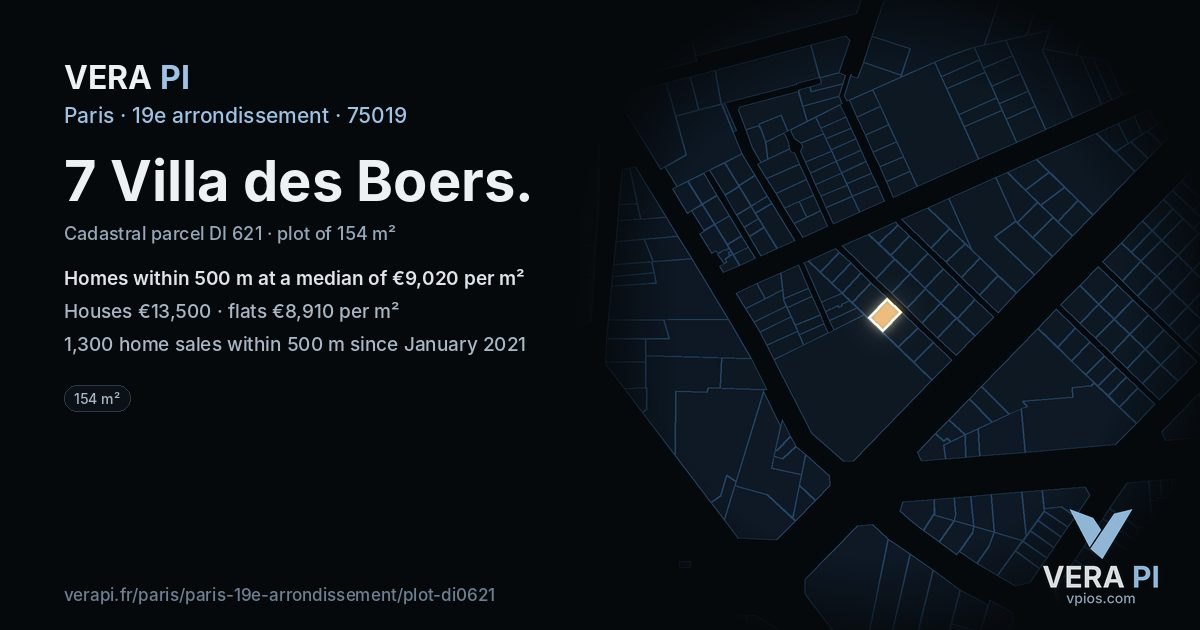 7 Villa des Boers, 19e arrondissement at night – the plot lit, the parcels around coloured by the prices near them