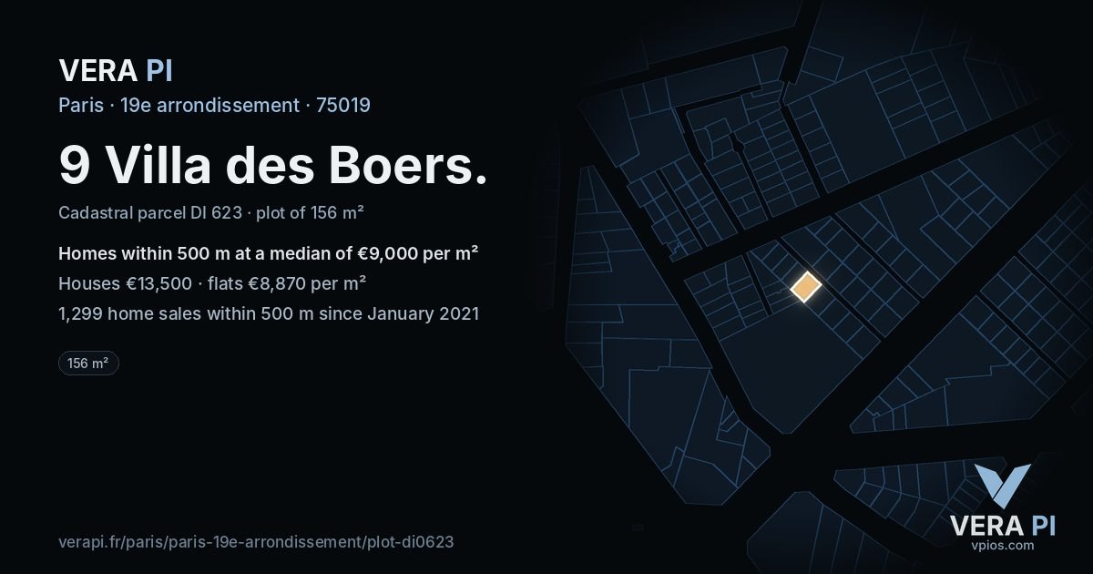 9 Villa des Boers, 19e arrondissement at night – the plot lit, the parcels around coloured by the prices near them