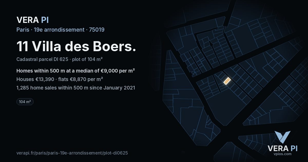 11 Villa des Boers, 19e arrondissement at night – the plot lit, the parcels around coloured by the prices near them