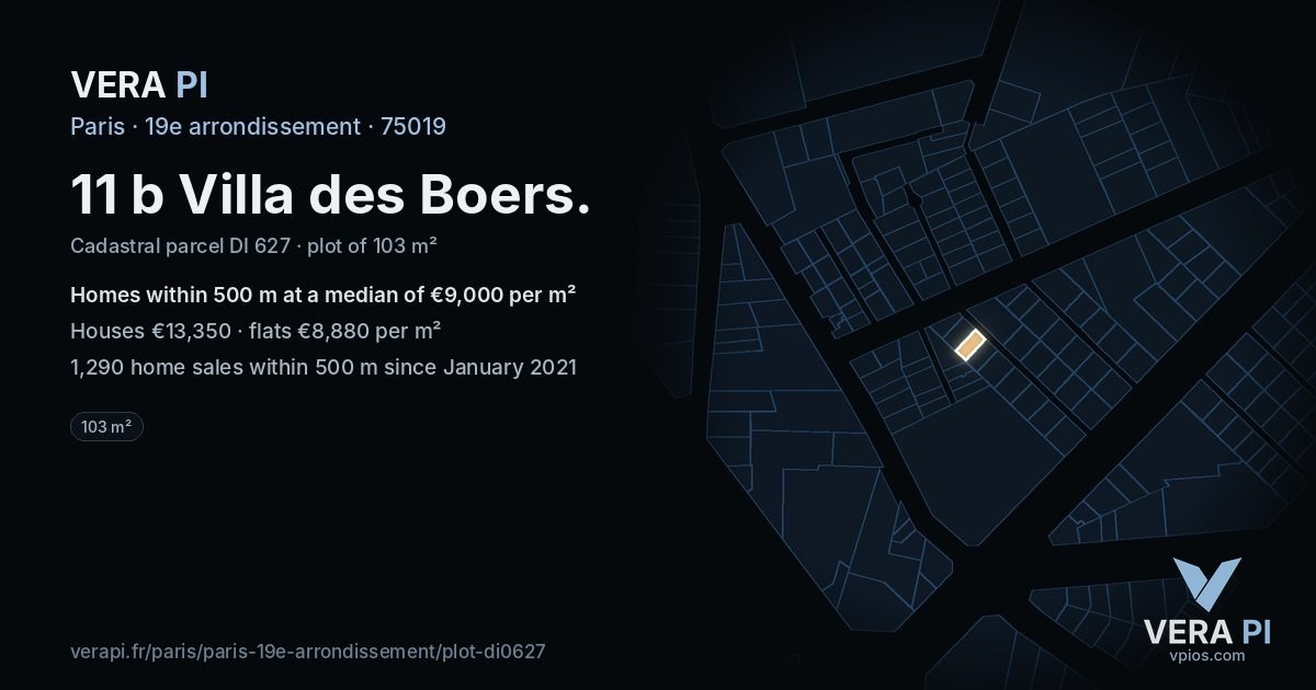 11 b Villa des Boers, 19e arrondissement at night – the plot lit, the parcels around coloured by the prices near them