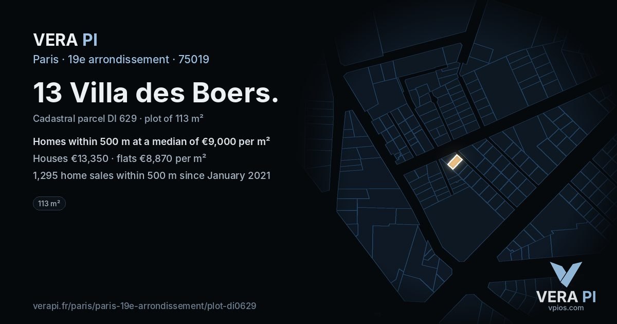 13 Villa des Boers, 19e arrondissement at night – the plot lit, the parcels around coloured by the prices near them