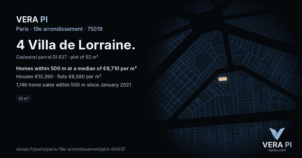 4 Villa de Lorraine, 19e arrondissement at night – the plot lit, the parcels around coloured by the prices near them