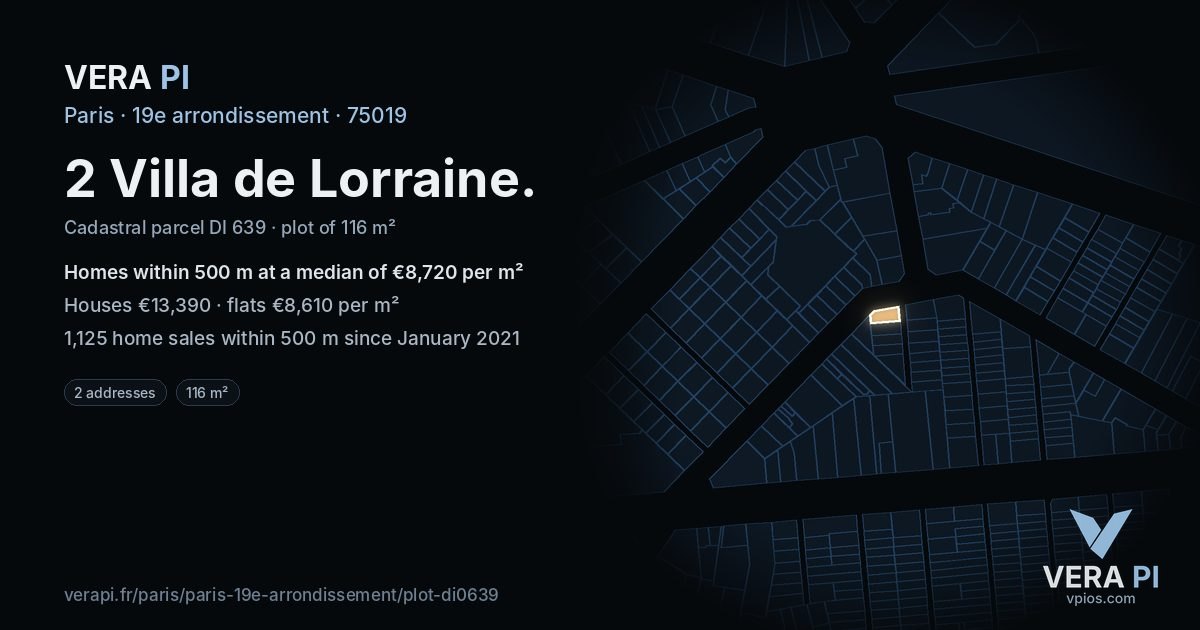 2 Villa de Lorraine, 19e arrondissement at night – the plot lit, the parcels around coloured by the prices near them
