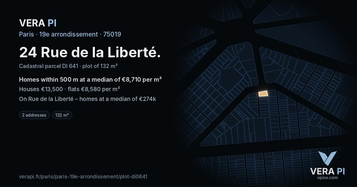 24 Rue de la Liberté, 19e arrondissement at night – the plot lit, the parcels around coloured by the prices near them