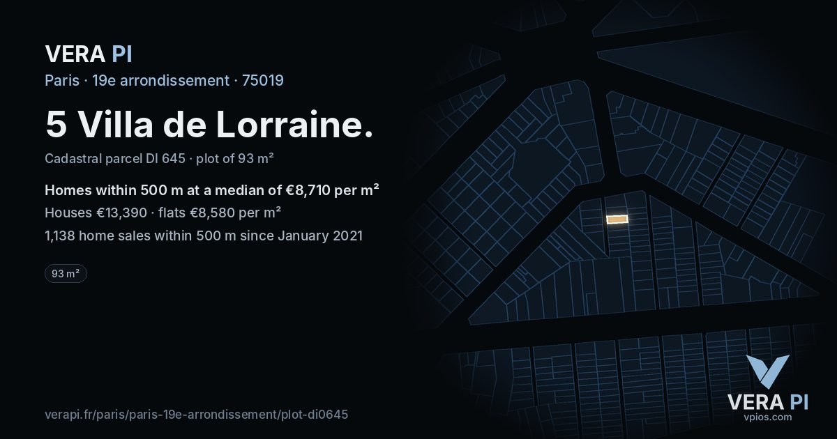 5 Villa de Lorraine, 19e arrondissement at night – the plot lit, the parcels around coloured by the prices near them