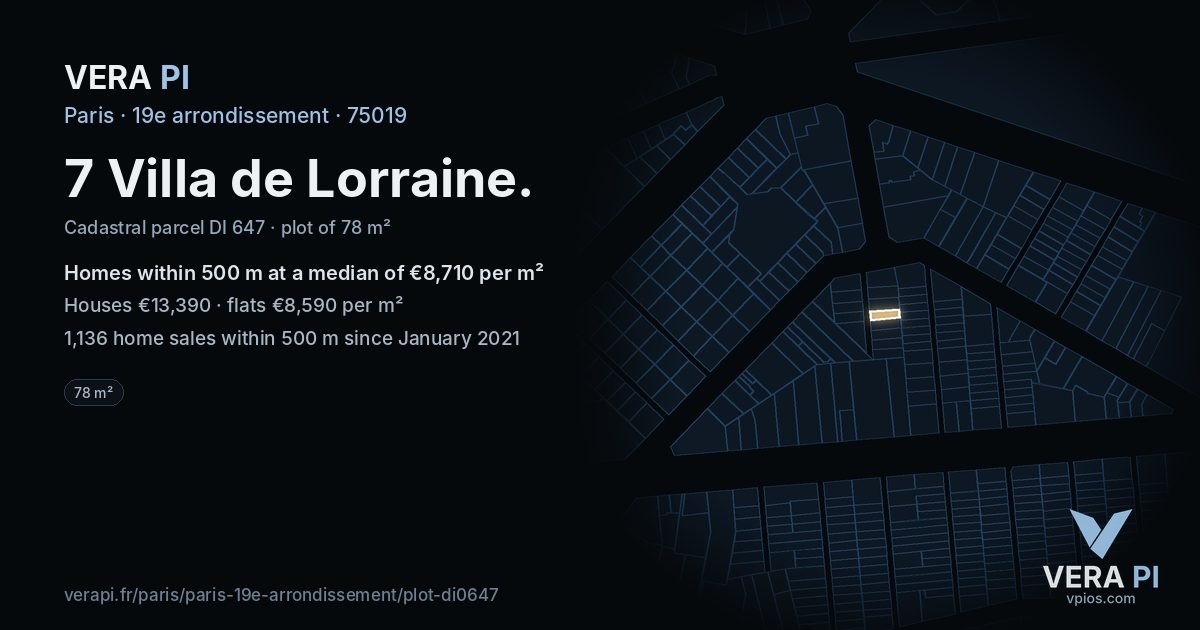 7 Villa de Lorraine, 19e arrondissement at night – the plot lit, the parcels around coloured by the prices near them