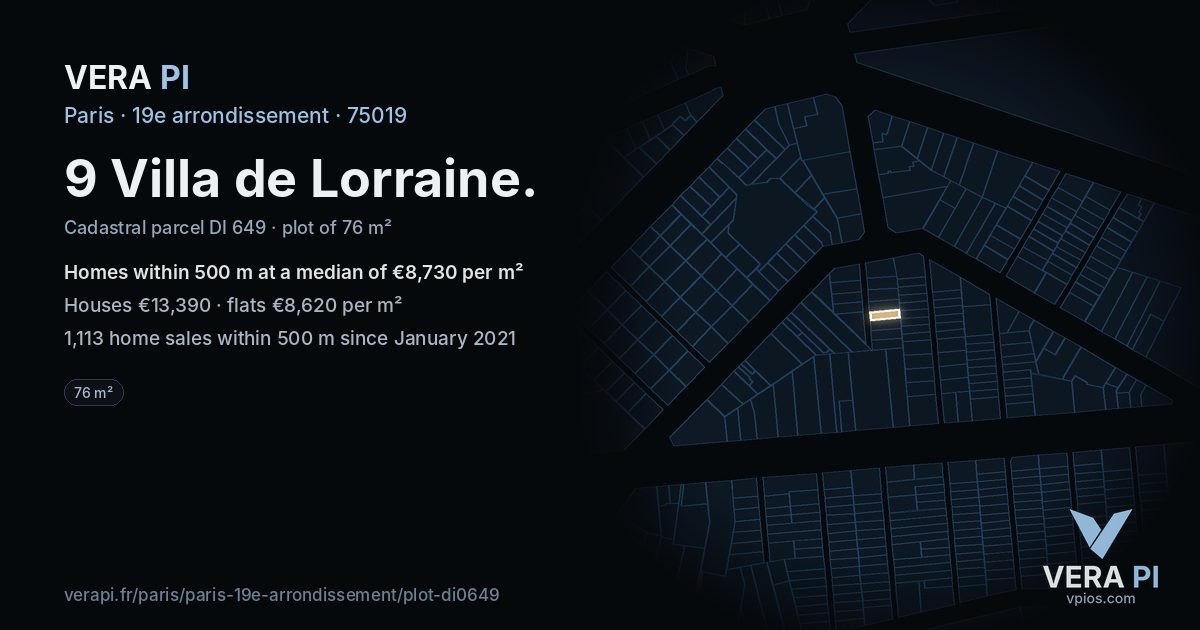9 Villa de Lorraine, 19e arrondissement at night – the plot lit, the parcels around coloured by the prices near them