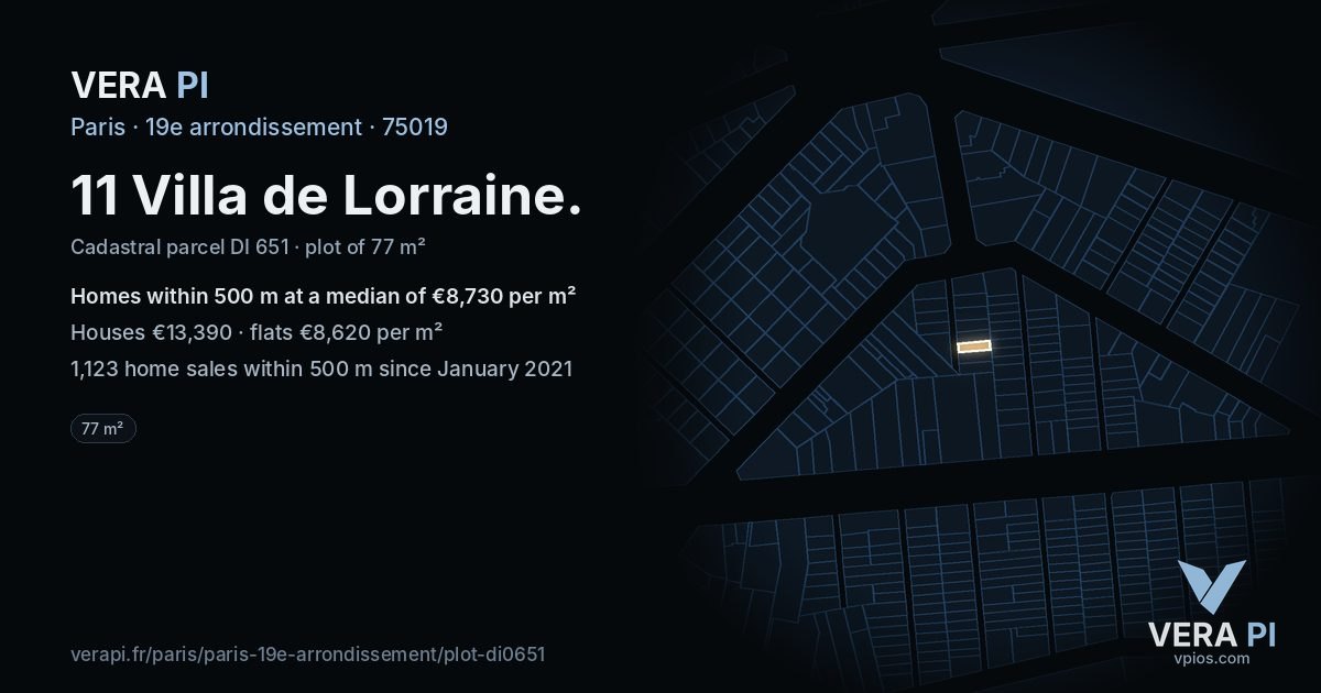 11 Villa de Lorraine, 19e arrondissement at night – the plot lit, the parcels around coloured by the prices near them