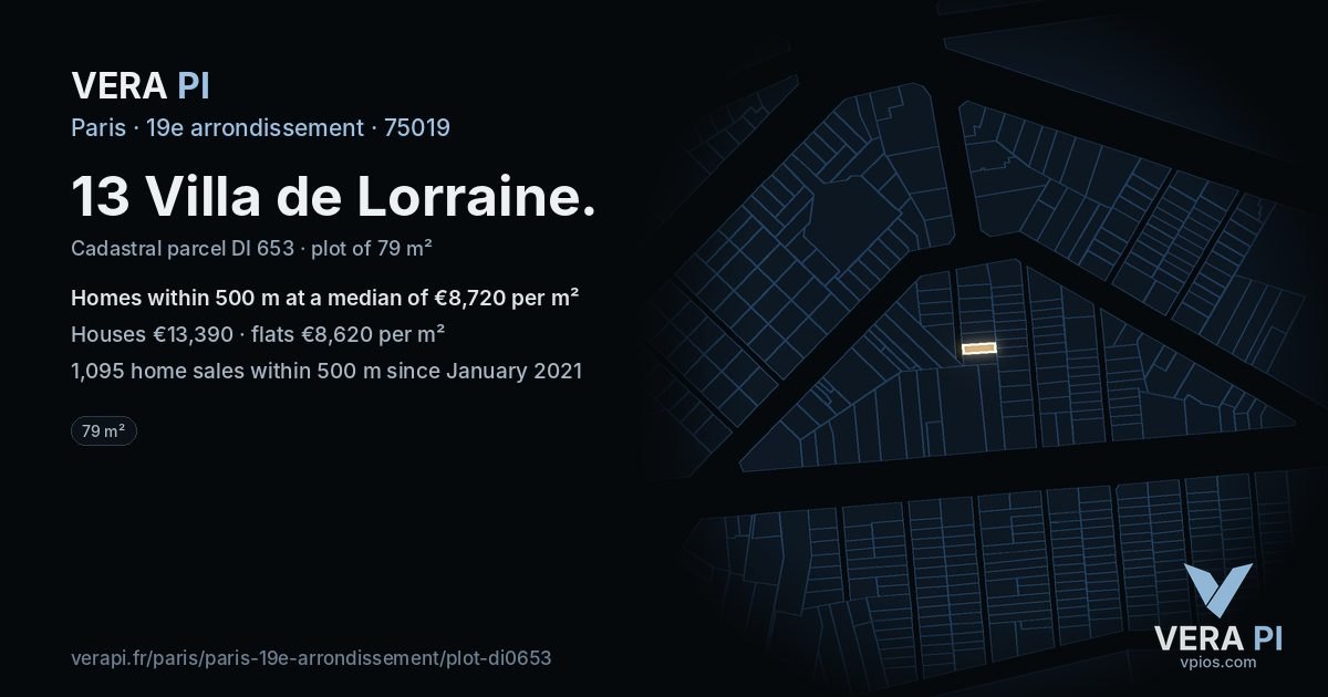 13 Villa de Lorraine, 19e arrondissement at night – the plot lit, the parcels around coloured by the prices near them