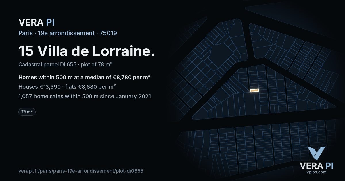 15 Villa de Lorraine, 19e arrondissement at night – the plot lit, the parcels around coloured by the prices near them