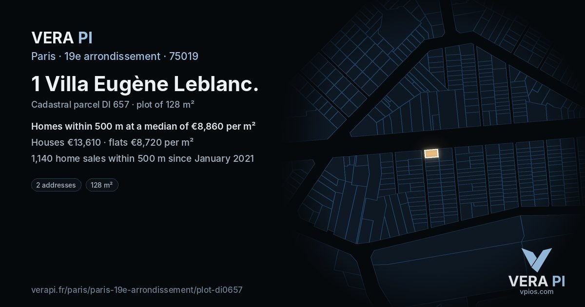 1 Villa Eugène Leblanc, 19e arrondissement at night – the plot lit, the parcels around coloured by the prices near them
