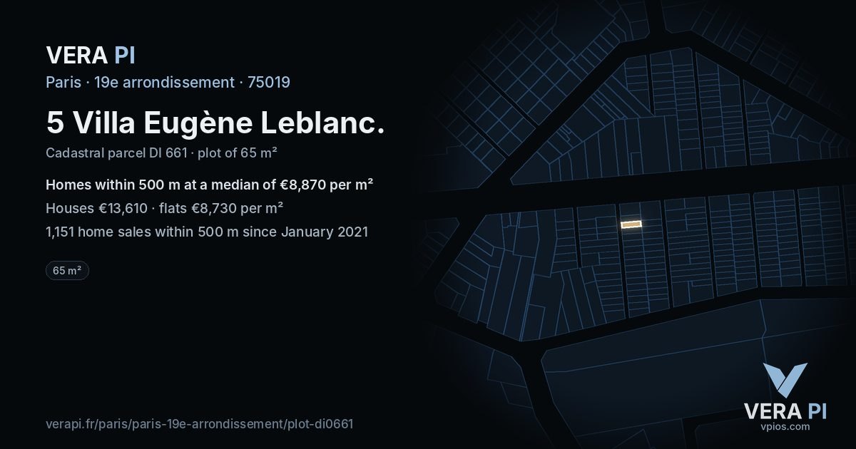 5 Villa Eugène Leblanc, 19e arrondissement at night – the plot lit, the parcels around coloured by the prices near them
