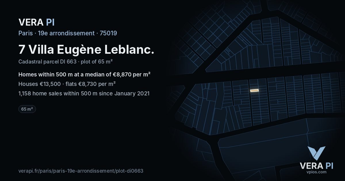 7 Villa Eugène Leblanc, 19e arrondissement at night – the plot lit, the parcels around coloured by the prices near them