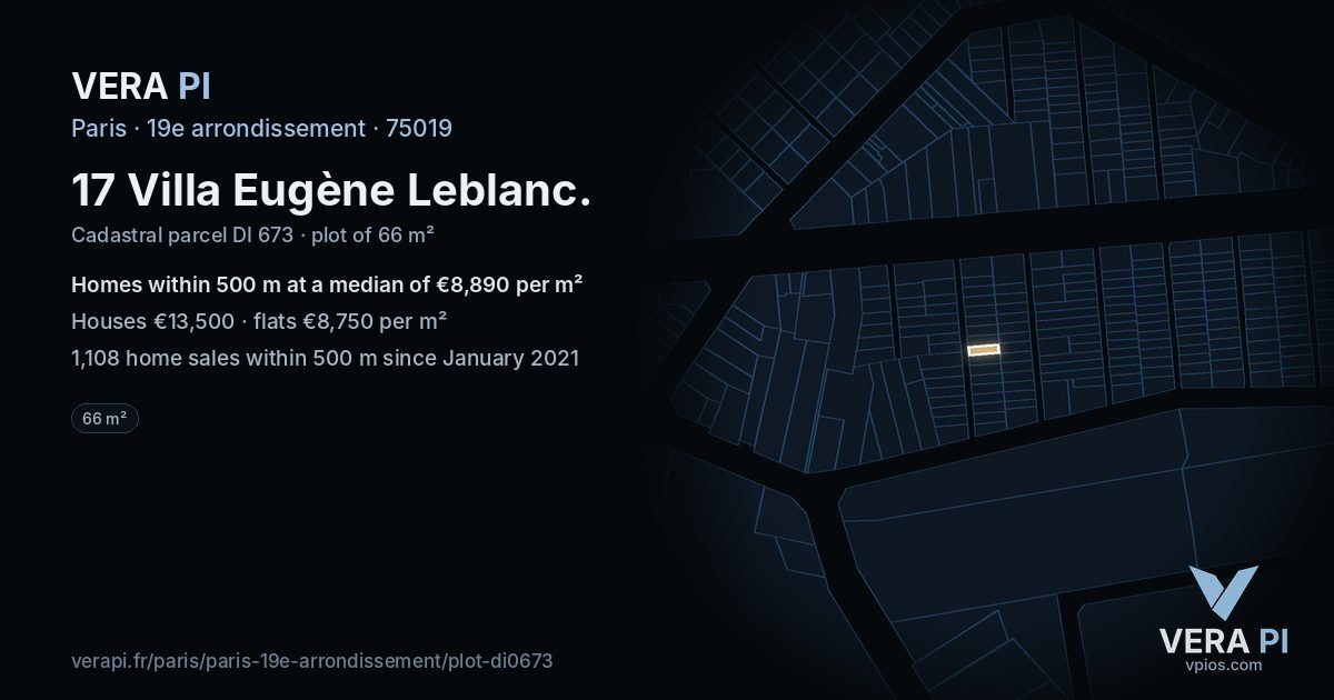 17 Villa Eugène Leblanc, 19e arrondissement at night – the plot lit, the parcels around coloured by the prices near them