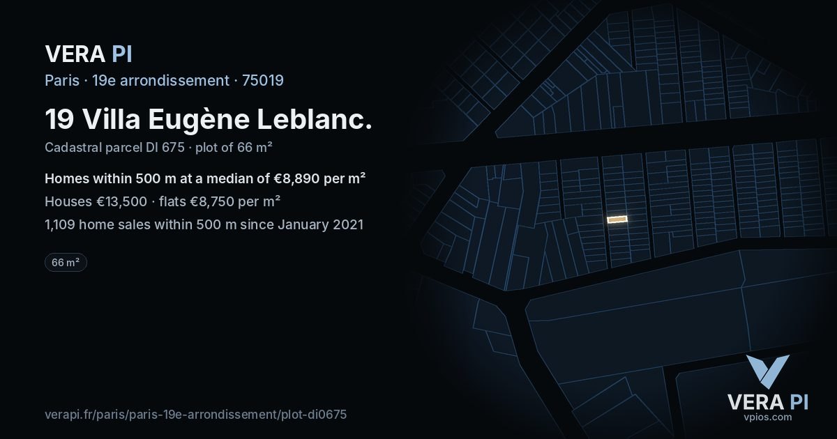 19 Villa Eugène Leblanc, 19e arrondissement at night – the plot lit, the parcels around coloured by the prices near them