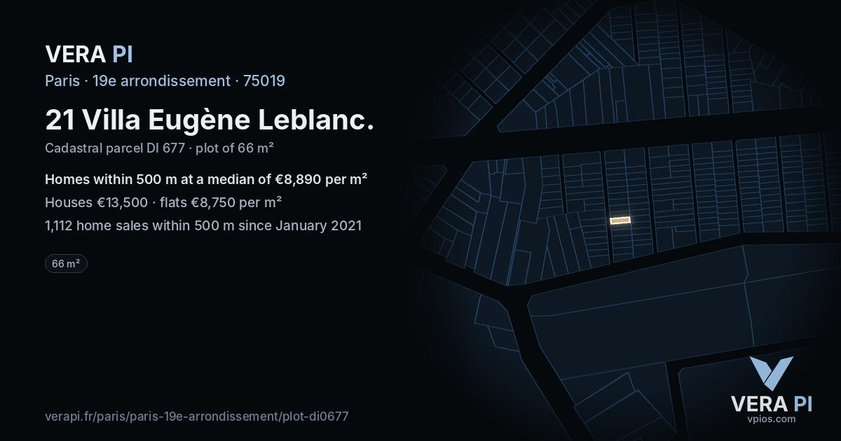 21 Villa Eugène Leblanc, 19e arrondissement at night – the plot lit, the parcels around coloured by the prices near them