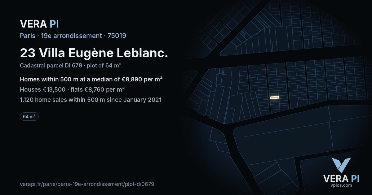 23 Villa Eugène Leblanc, 19e arrondissement at night – the plot lit, the parcels around coloured by the prices near them