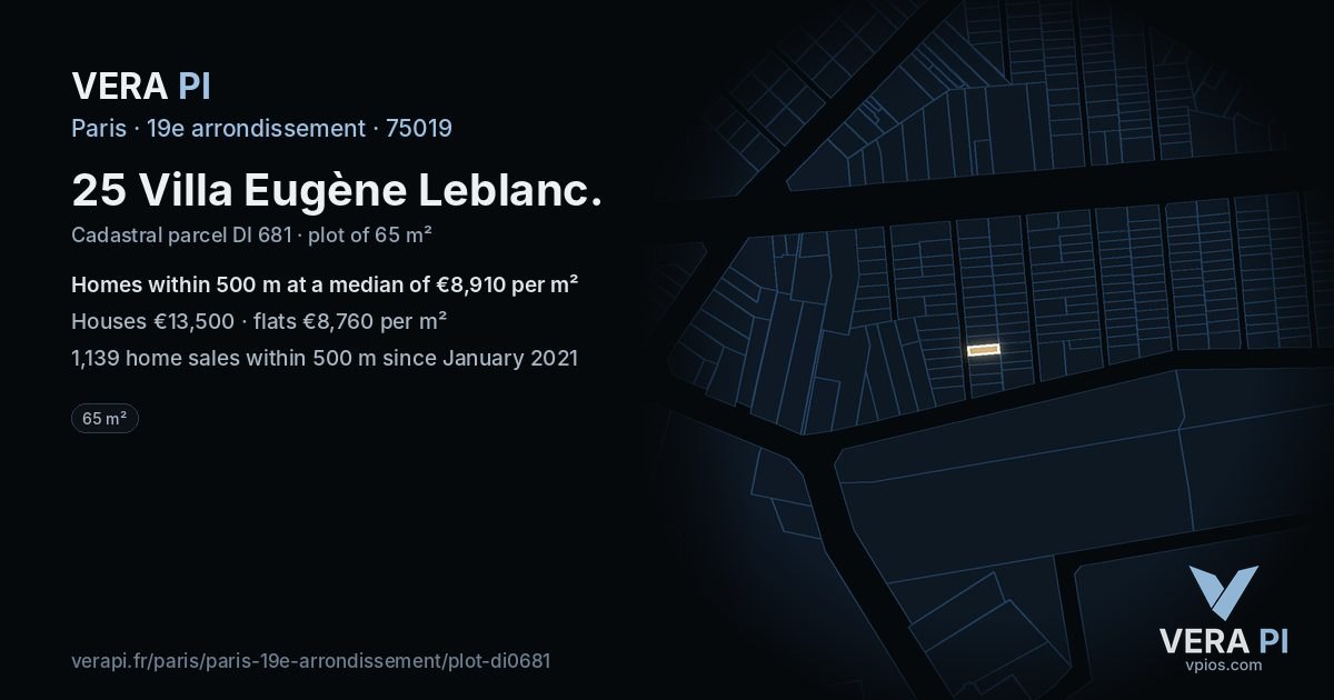 25 Villa Eugène Leblanc, 19e arrondissement at night – the plot lit, the parcels around coloured by the prices near them