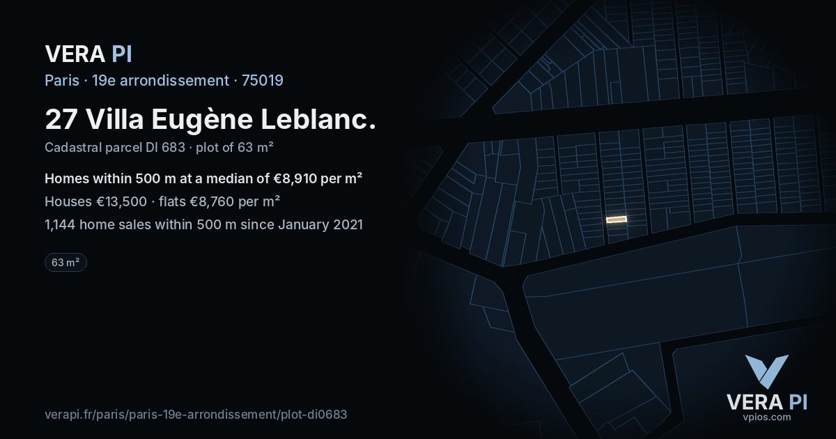 27 Villa Eugène Leblanc, 19e arrondissement at night – the plot lit, the parcels around coloured by the prices near them