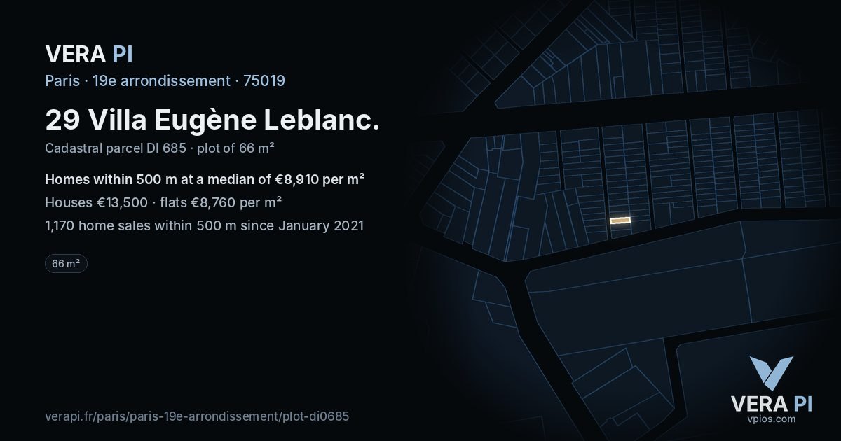 29 Villa Eugène Leblanc, 19e arrondissement at night – the plot lit, the parcels around coloured by the prices near them