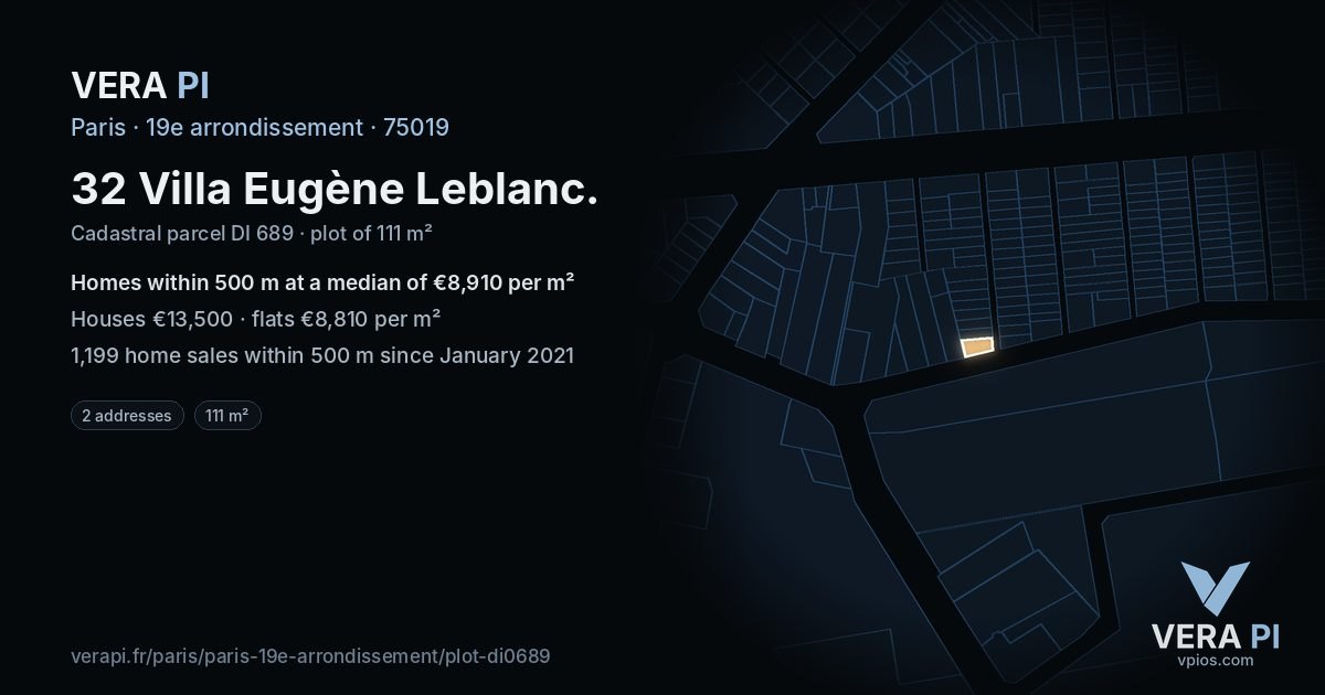 32 Villa Eugène Leblanc, 19e arrondissement at night – the plot lit, the parcels around coloured by the prices near them