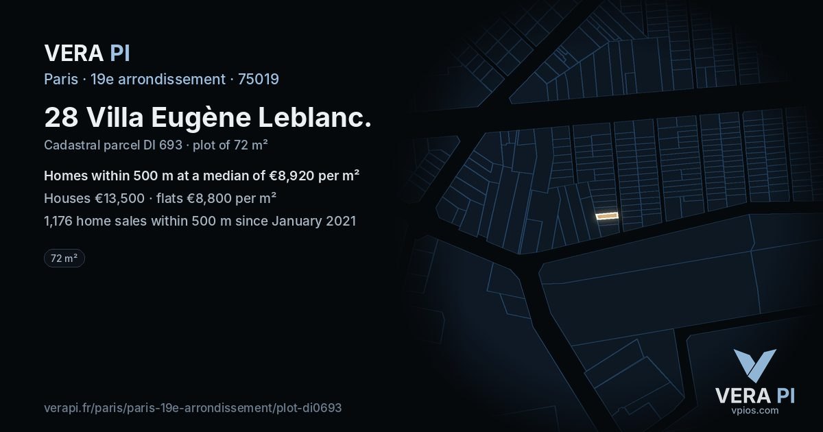 28 Villa Eugène Leblanc, 19e arrondissement at night – the plot lit, the parcels around coloured by the prices near them