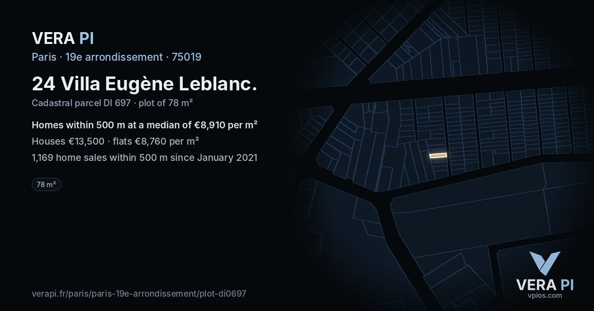 24 Villa Eugène Leblanc, 19e arrondissement at night – the plot lit, the parcels around coloured by the prices near them