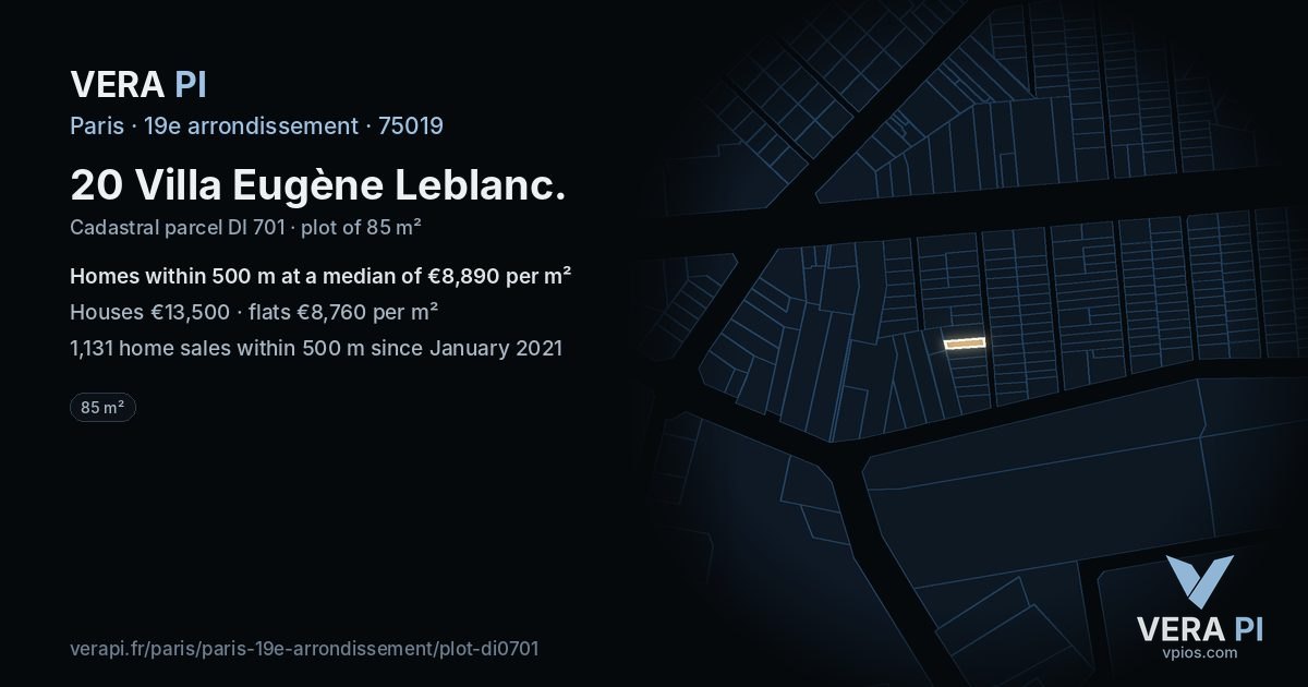 20 Villa Eugène Leblanc, 19e arrondissement at night – the plot lit, the parcels around coloured by the prices near them