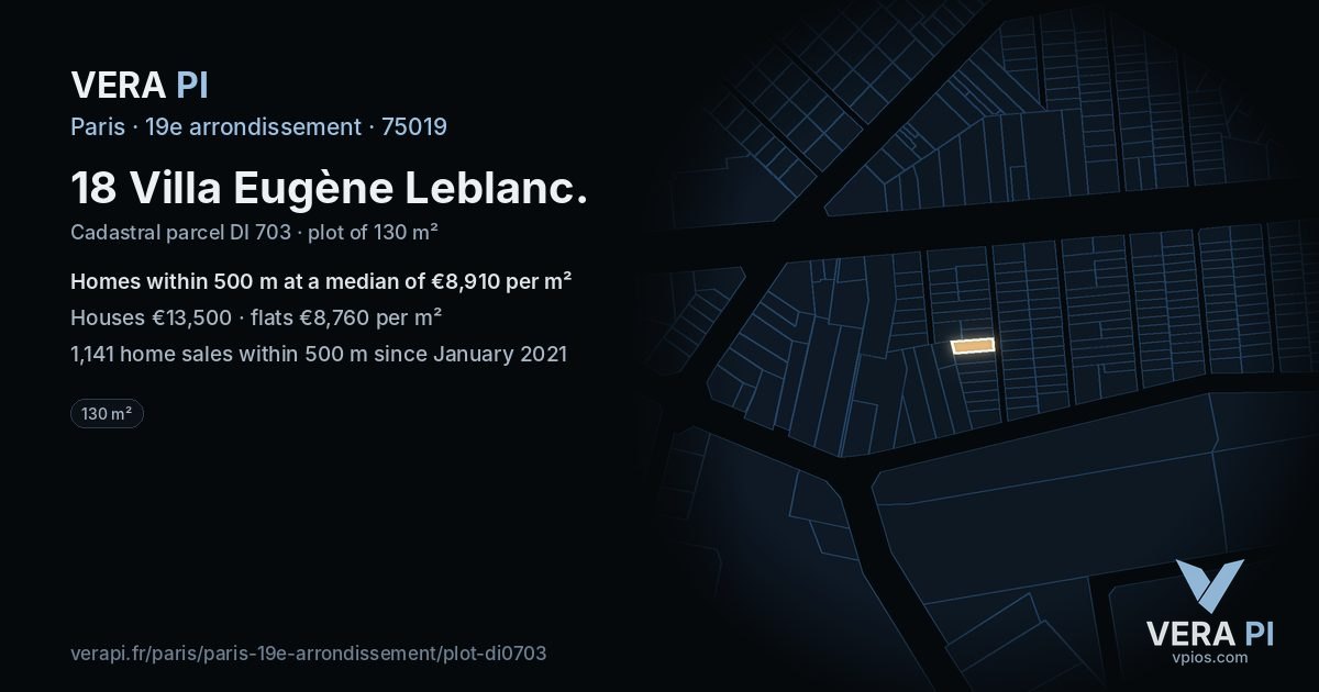 18 Villa Eugène Leblanc, 19e arrondissement at night – the plot lit, the parcels around coloured by the prices near them
