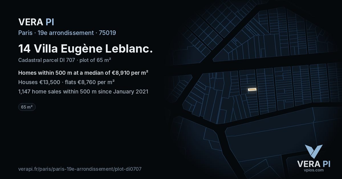 14 Villa Eugène Leblanc, 19e arrondissement at night – the plot lit, the parcels around coloured by the prices near them