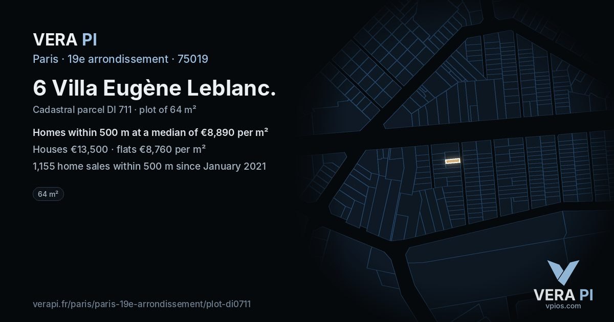 6 Villa Eugène Leblanc, 19e arrondissement at night – the plot lit, the parcels around coloured by the prices near them